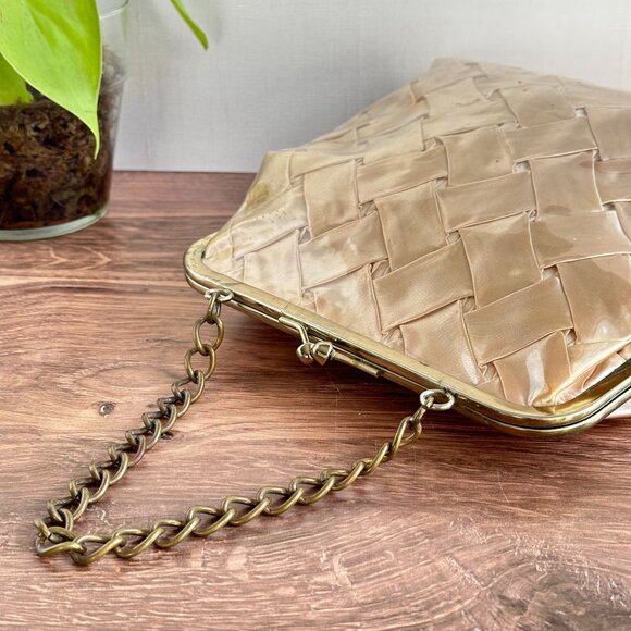 Vintage 1950s Woven Satin Handbag With Vinyl Overlay Chain Handle Gold - Picture 8 of 14